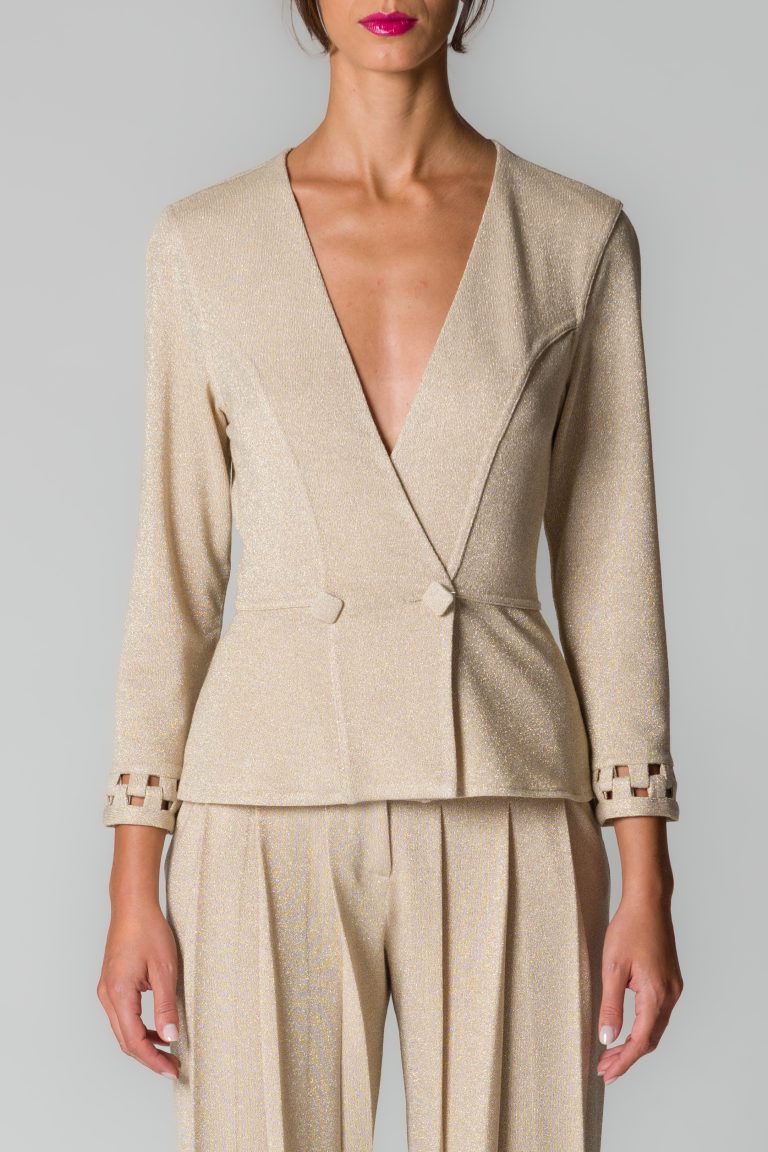 Giacca doppiopetto donna beige con fili glitter - immagine 2