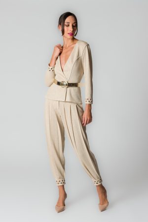 Giacca doppiopetto donna beige con fili glitter