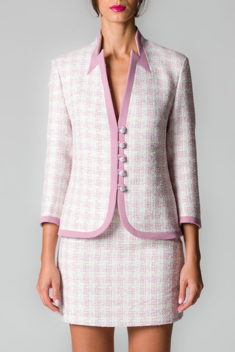 Giacca corta donna in tweed con fili lurex bianco e rosa - immagine 4