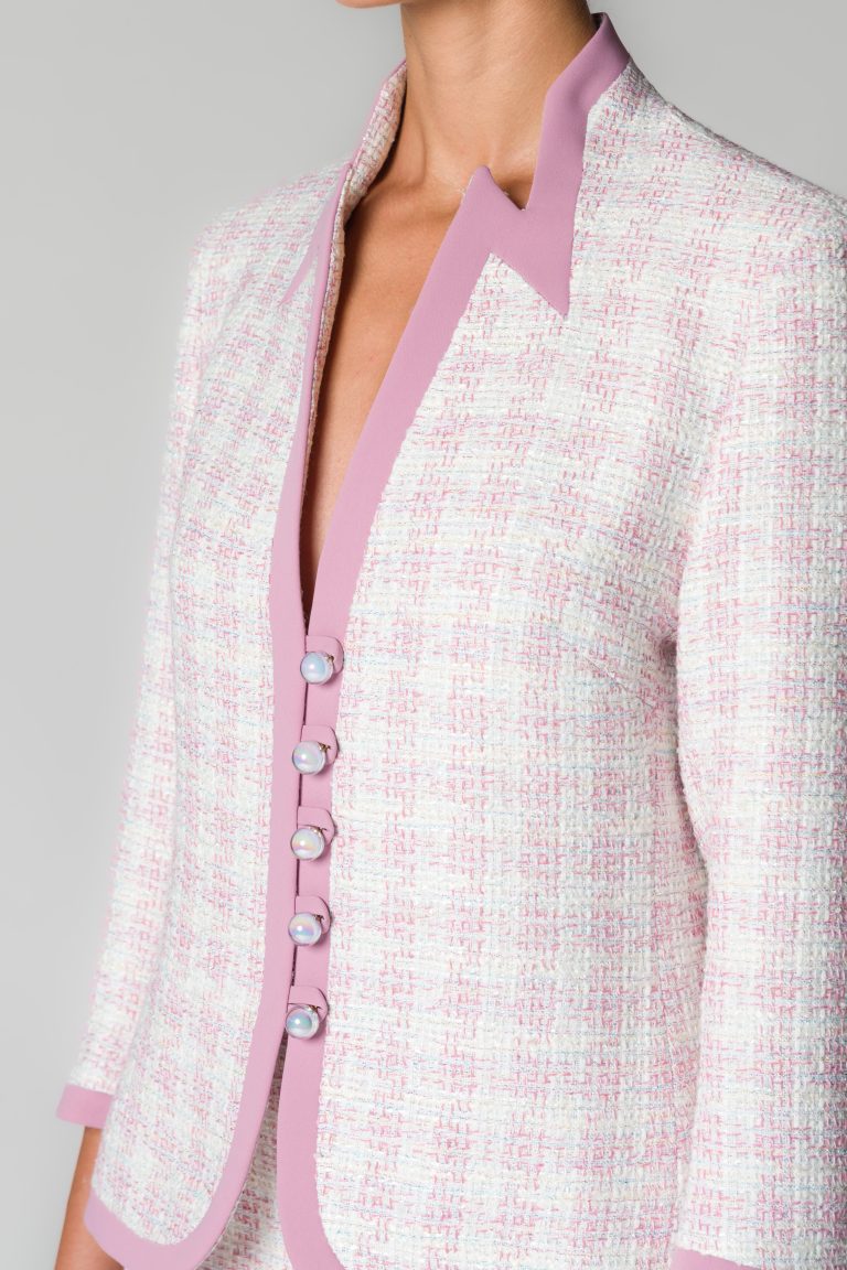 Giacca corta donna in tweed con fili lurex bianco e rosa - immagine 2