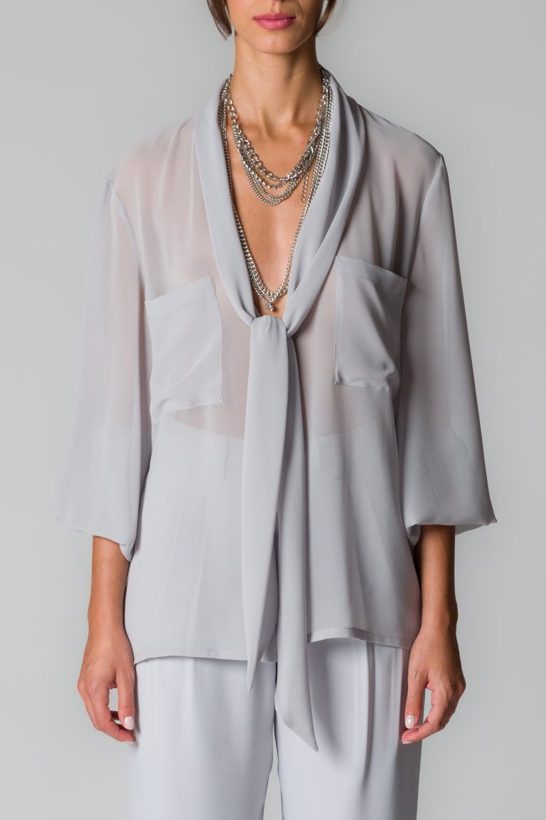 Camicia donna grigio perla in georgette con sciarpina - immagine 3