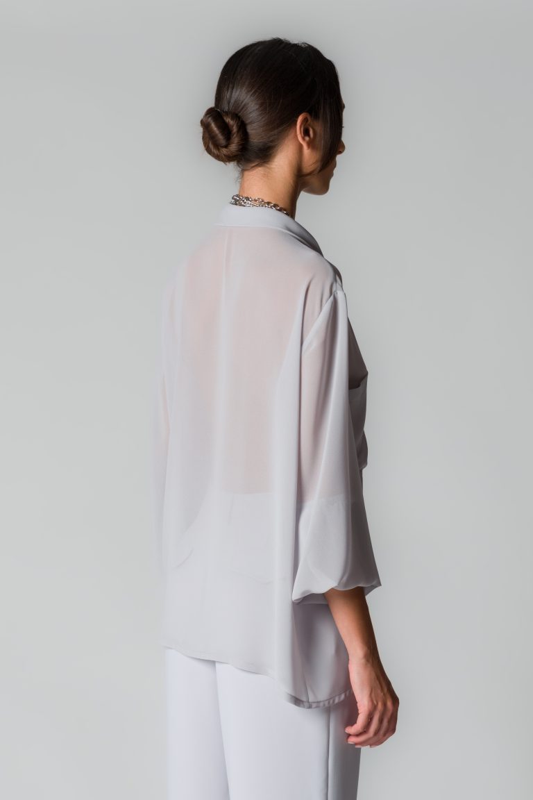 Camicia donna grigio perla in georgette con sciarpina - immagine 4