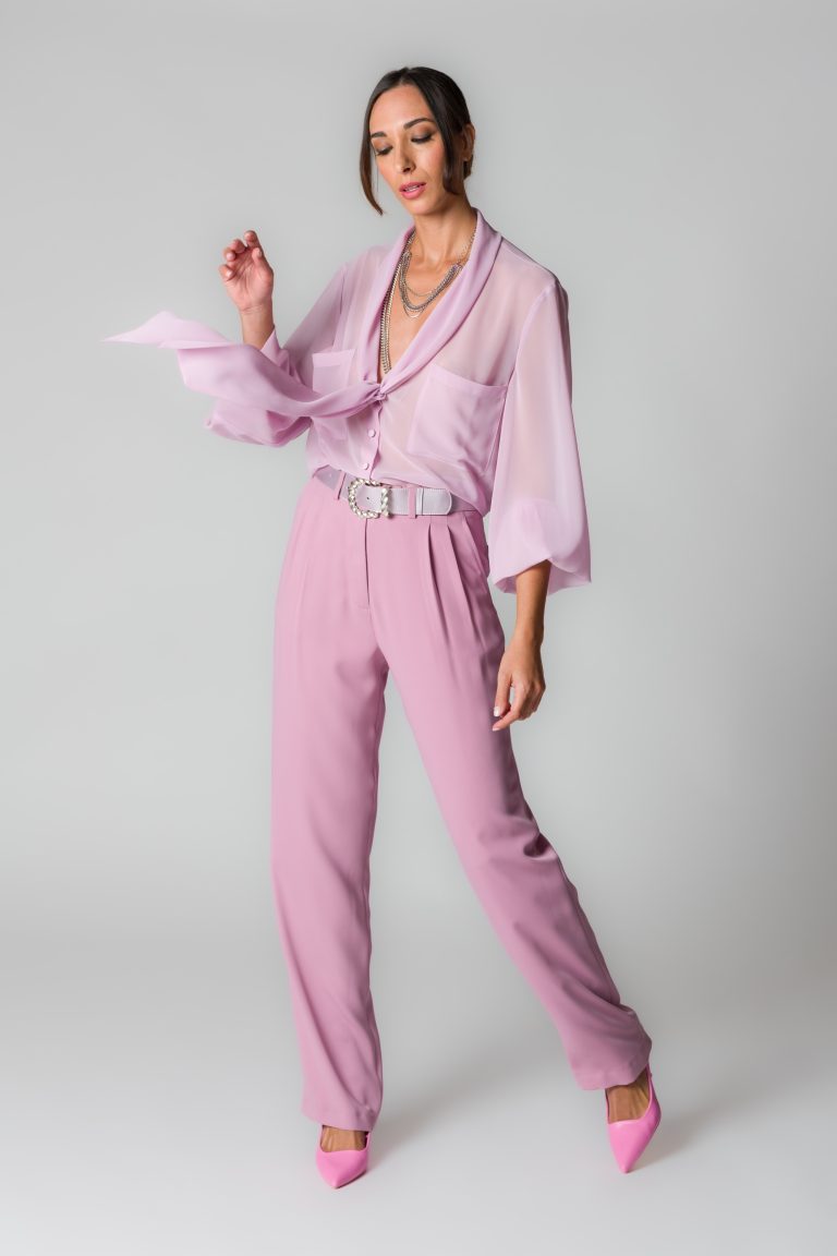 Camicia donna rosa in georgette con sciarpina - immagine 4