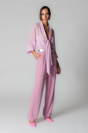 Camicia donna rosa in georgette con sciarpina