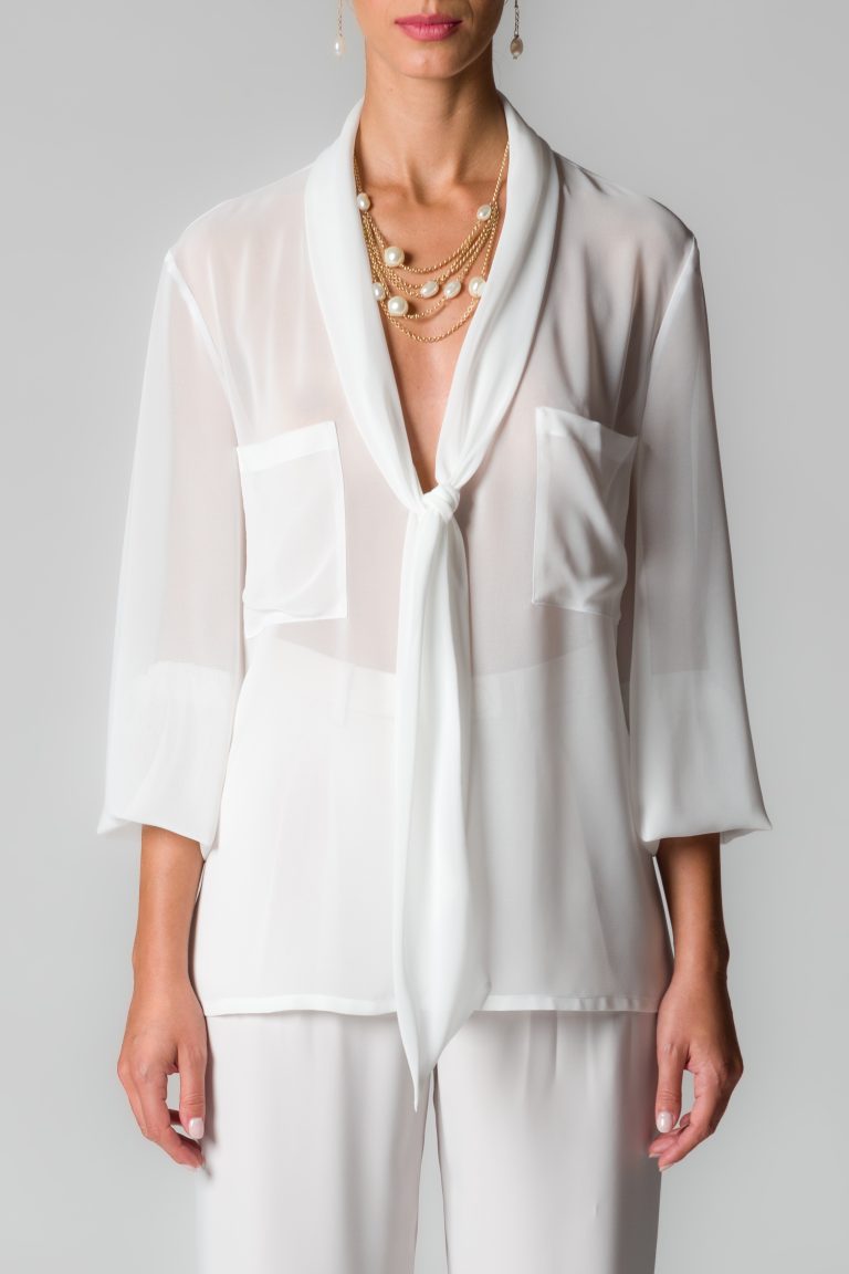 Camicia donna bianco seta in georgette con sciarpina - immagine 3