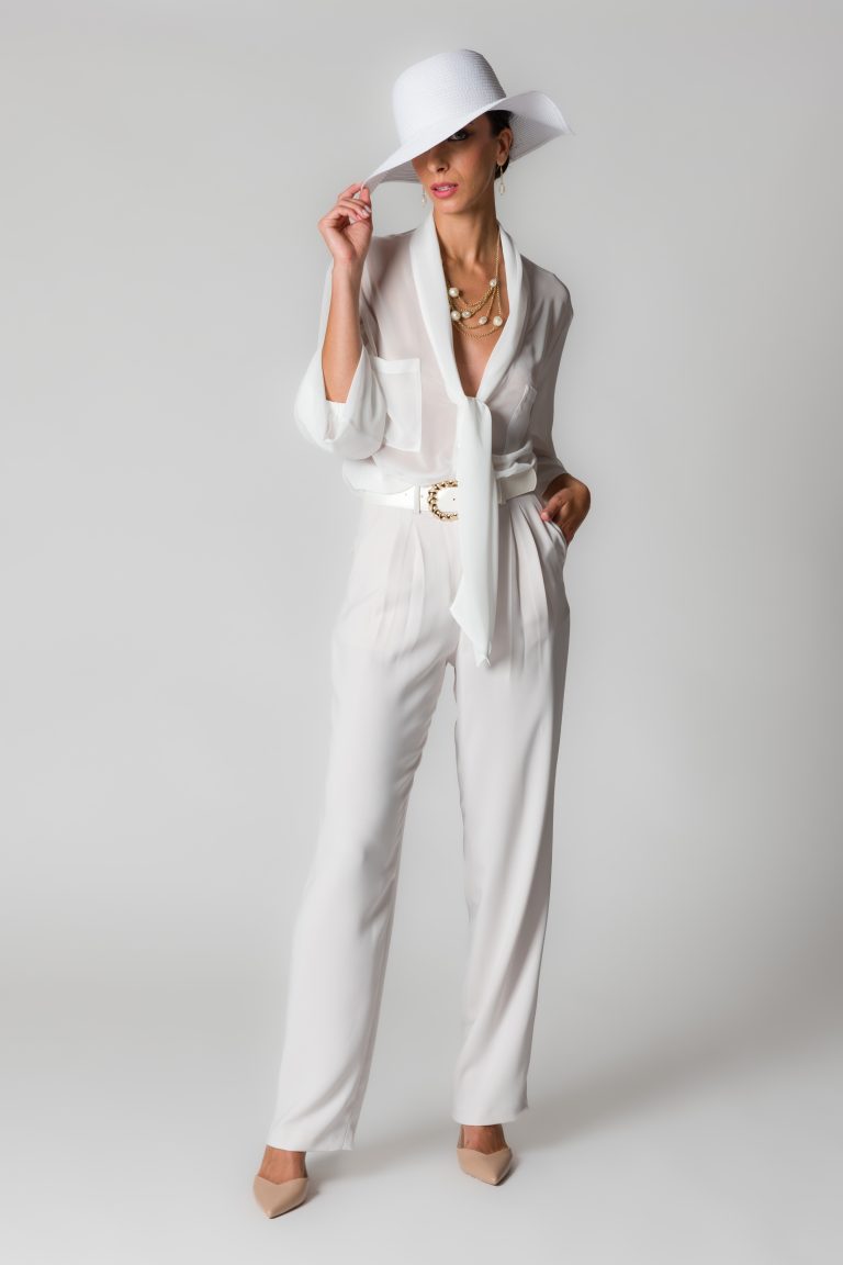 Pantaloni donna bianco seta con pinces - immagine 4