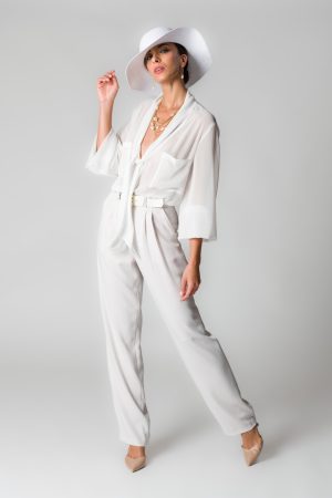 Pantaloni donna bianco seta con pinces