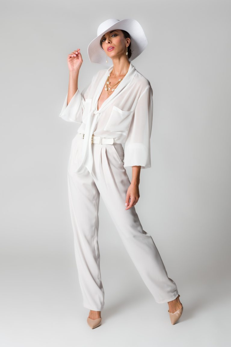 Pantaloni donna bianco seta con pinces