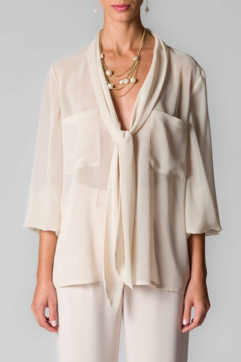 Camicia donna champagne in georgette con sciarpina - immagine 3