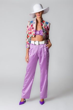 Top donna in raso viola stretch