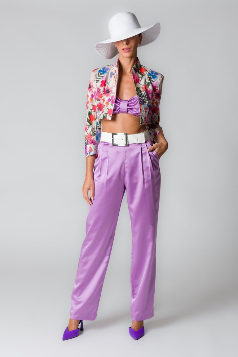Top donna in raso viola stretch