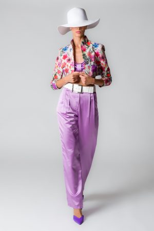 Pantaloni donna in raso lilla con pinces