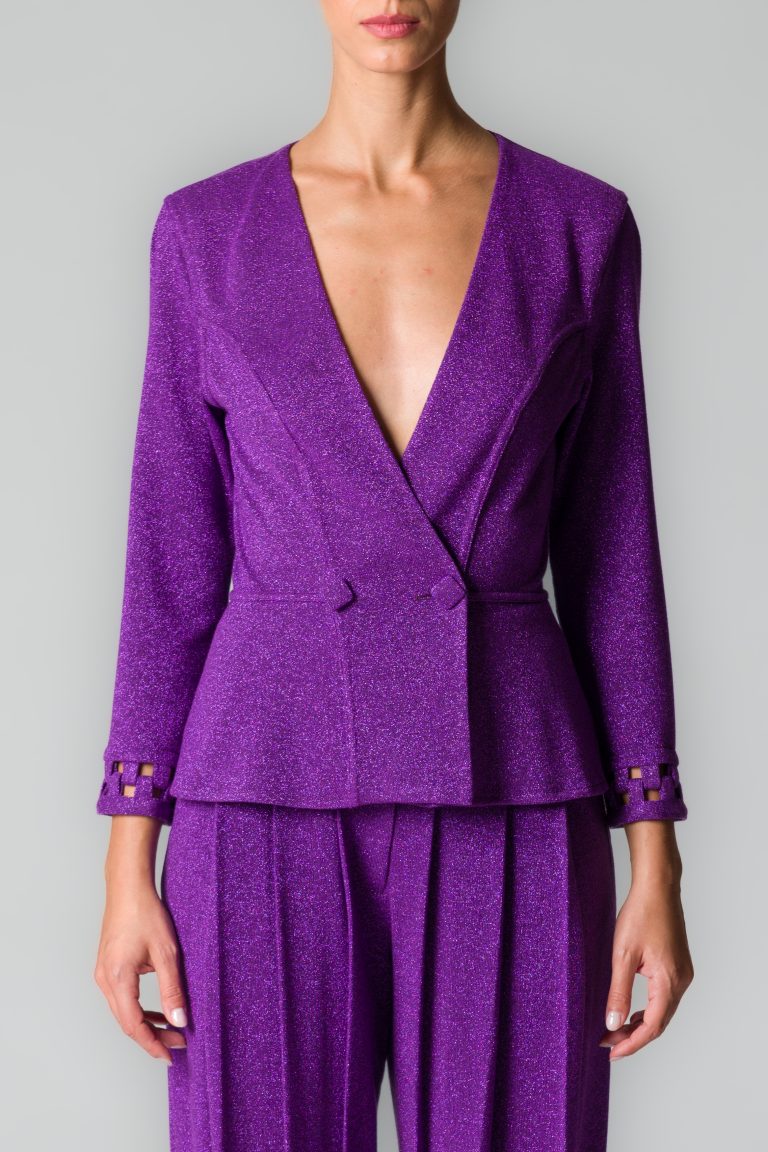 Giacca donna doppiopetto viola con fili glitter - immagine 3