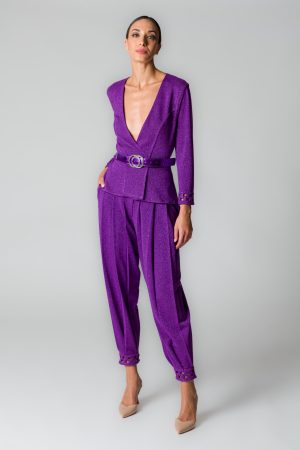 Pantaloni donna a gamba ampia con pinces viola
