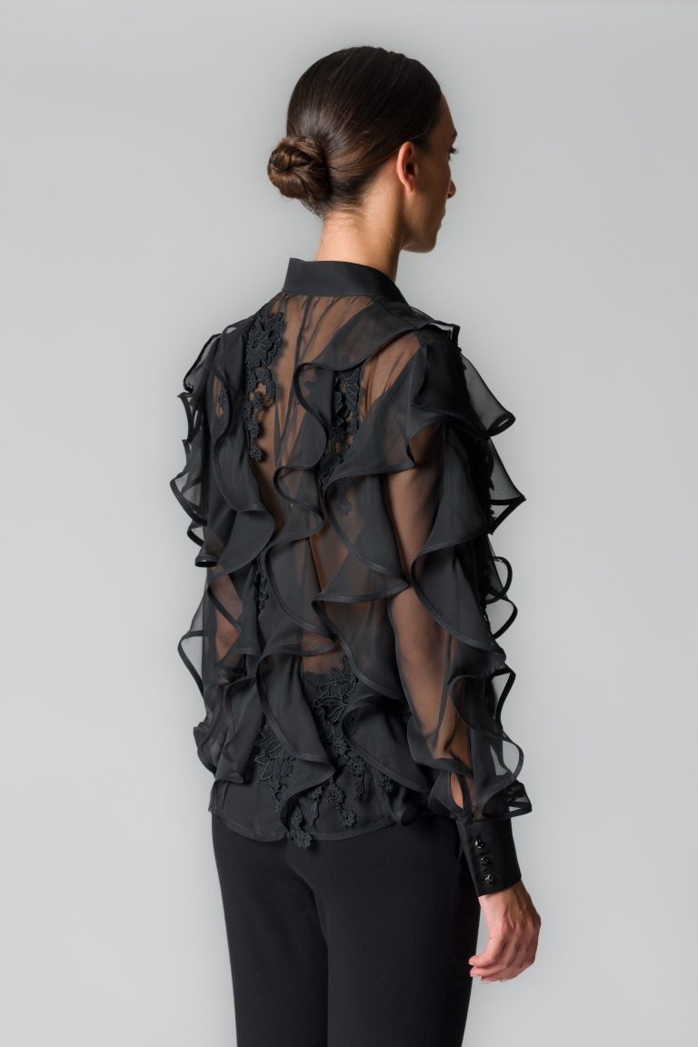 Camicia donna con volant e pizzo in voile nero - immagine 4