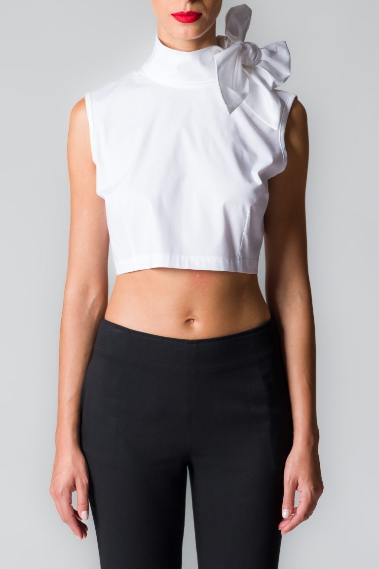 Camicia donna cropped bianca in cotone con sciarpina - immagine 3