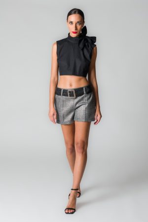 Camicia donna cropped nera in cotone con sciarpina