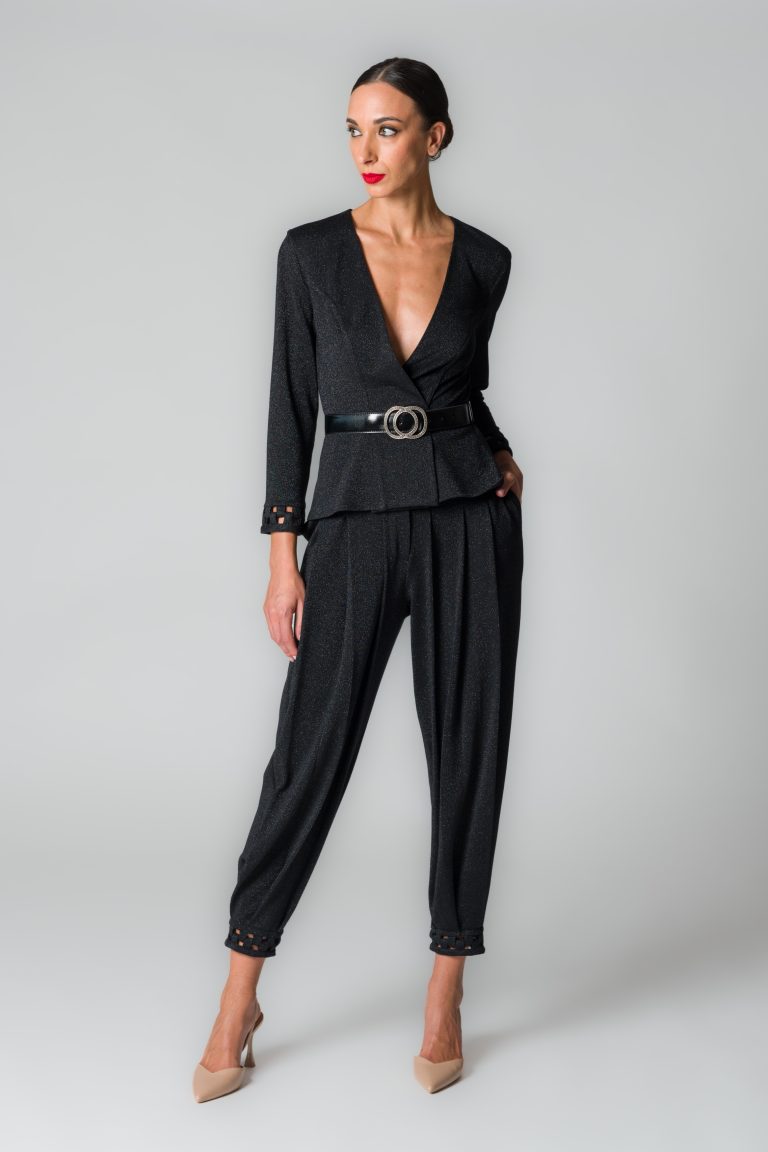 Giacca donna doppiopetto nera con fili glitter