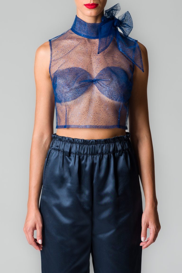Camicia donna blu cropped in tulle con sciarpina - immagine 3