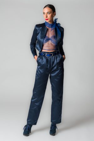Pantaloni donna in douchesse lucida blu