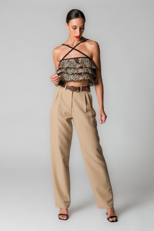 Top crop donna stretch con balze fantasia leopardata