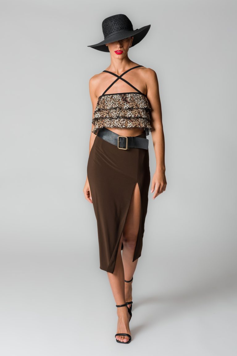 Top crop donna stretch con balze fantasia leopardata - immagine 2