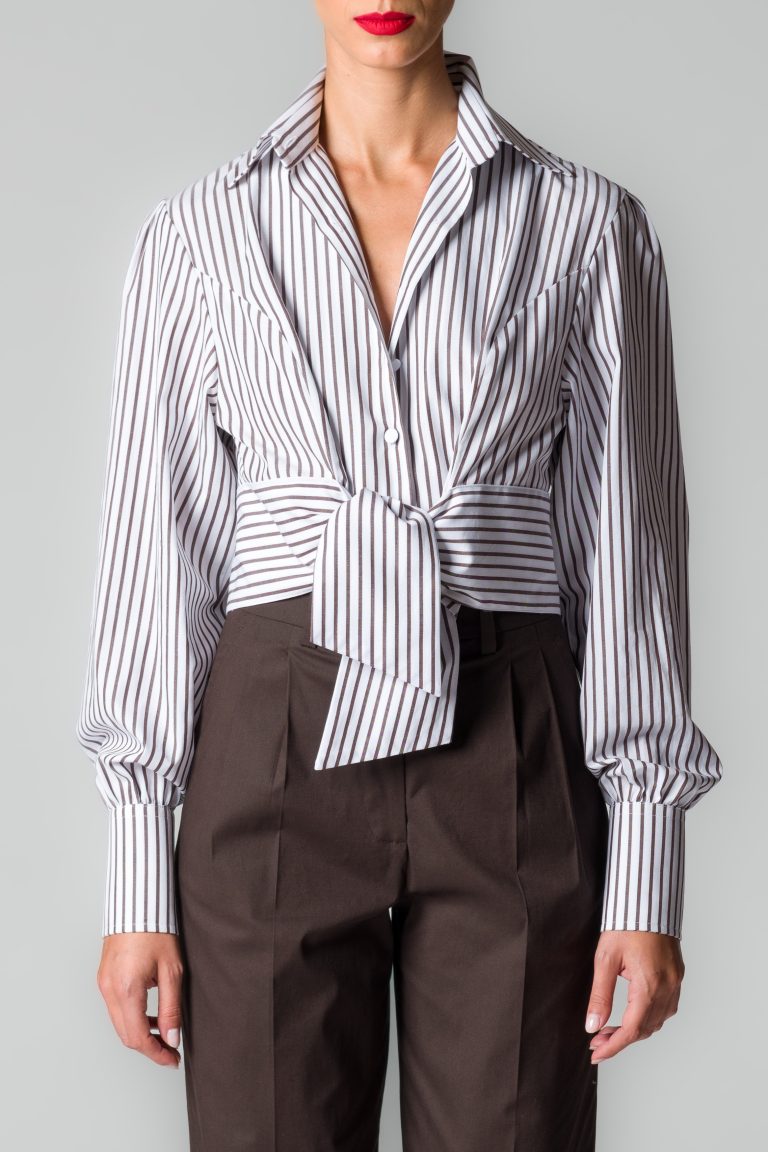 Camicia donna fantasia righe marroni con fusciacca in cotone - immagine 2