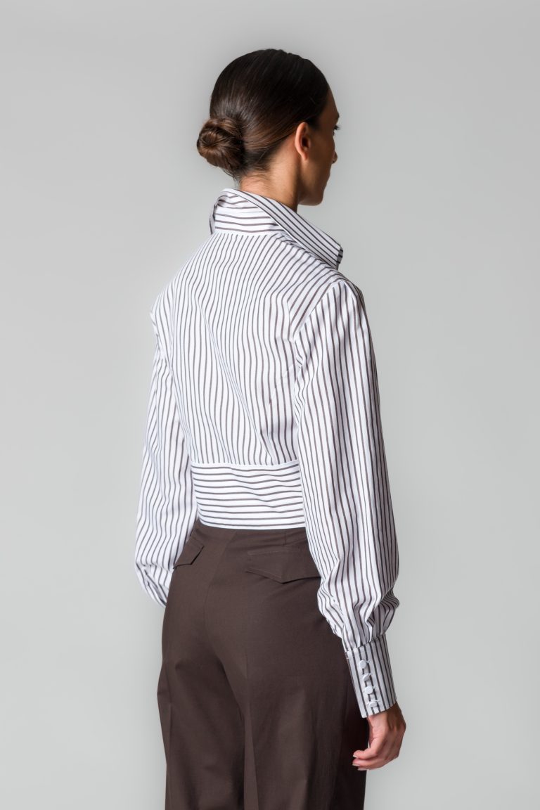 Camicia donna fantasia righe marroni con fusciacca in cotone - immagine 4