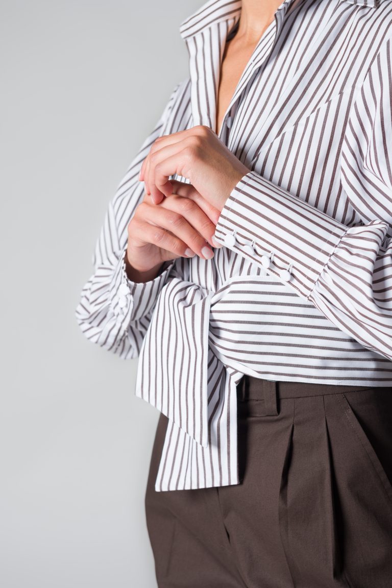 Camicia donna fantasia righe marroni con fusciacca in cotone - immagine 3