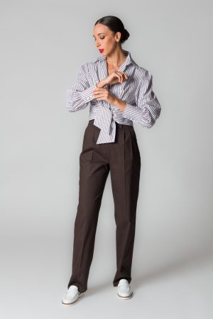Pantaloni donna in cotone marrone con pinces
