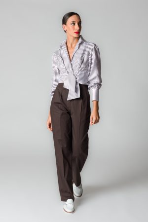 Camicia donna fantasia righe marroni con fusciacca in cotone