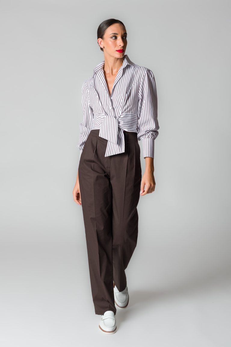 Camicia donna fantasia righe marroni con fusciacca in cotone