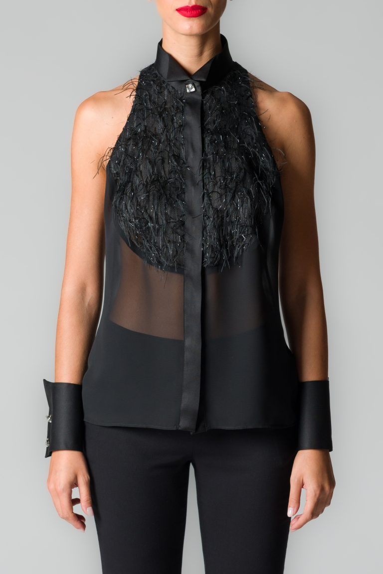 Camicia donna con piume lurex in voile nero - immagine 3