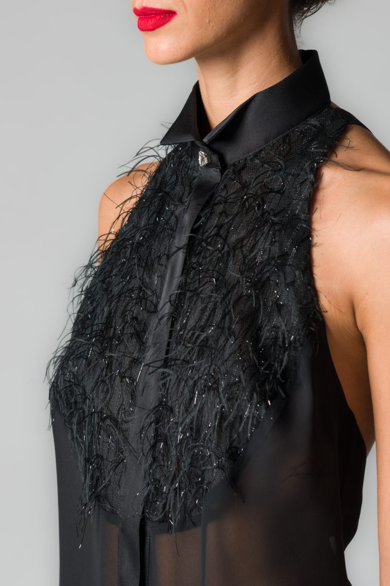 Camicia donna con piume lurex in voile nero - immagine 2