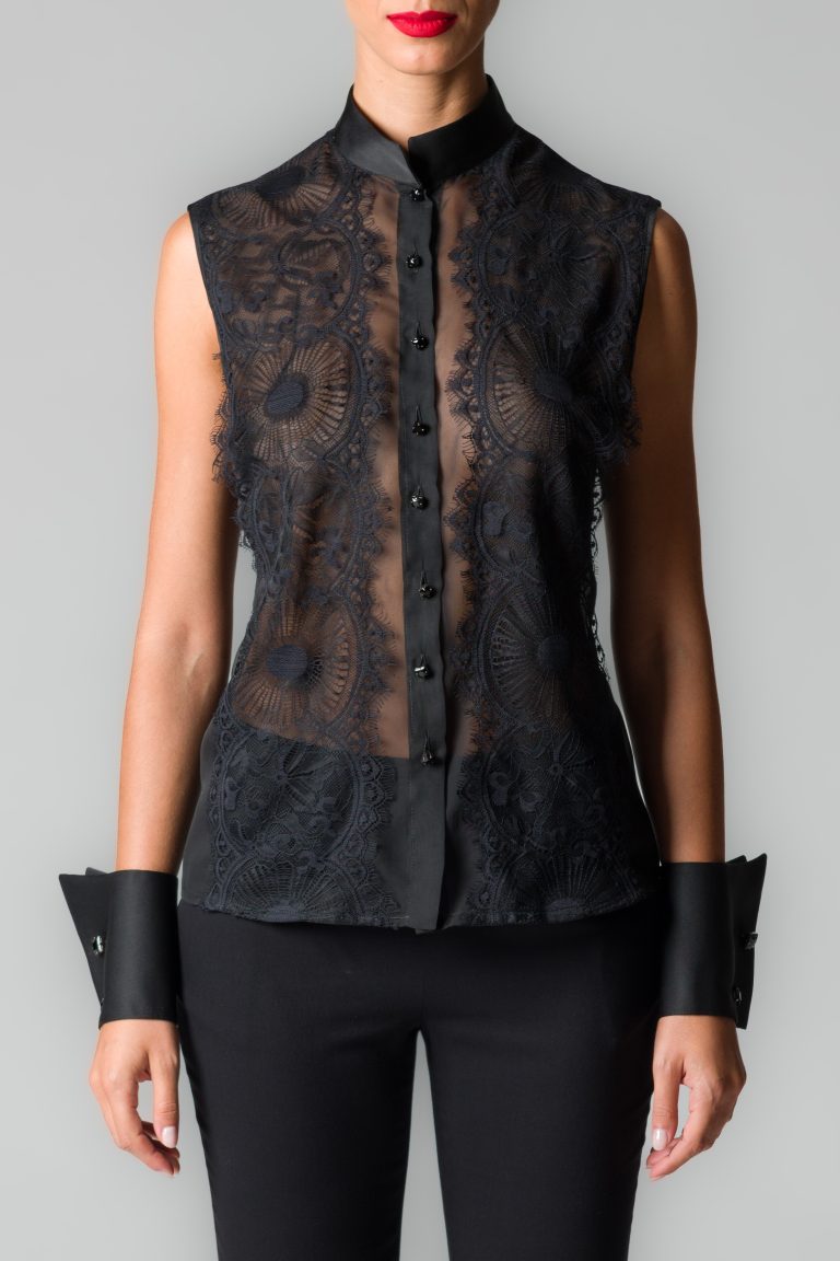 Camicia donna nera in voile con pizzo - immagine 2
