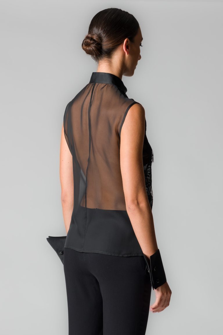 Camicia donna nera in voile con pizzo - immagine 3