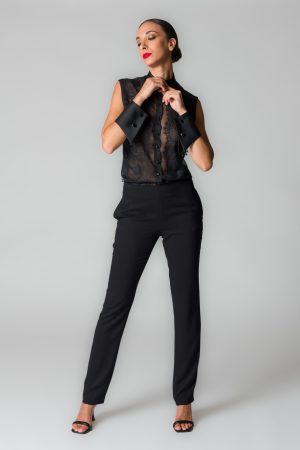 Camicia donna nera in voile con pizzo
