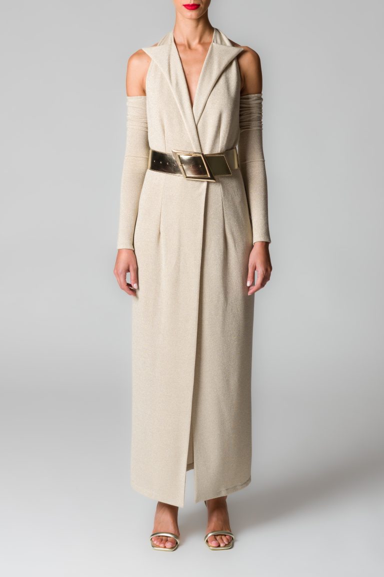Abito lungo donna con fili glitter beige - immagine 2