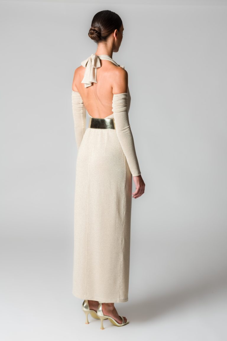 Abito lungo donna con fili glitter beige - immagine 3