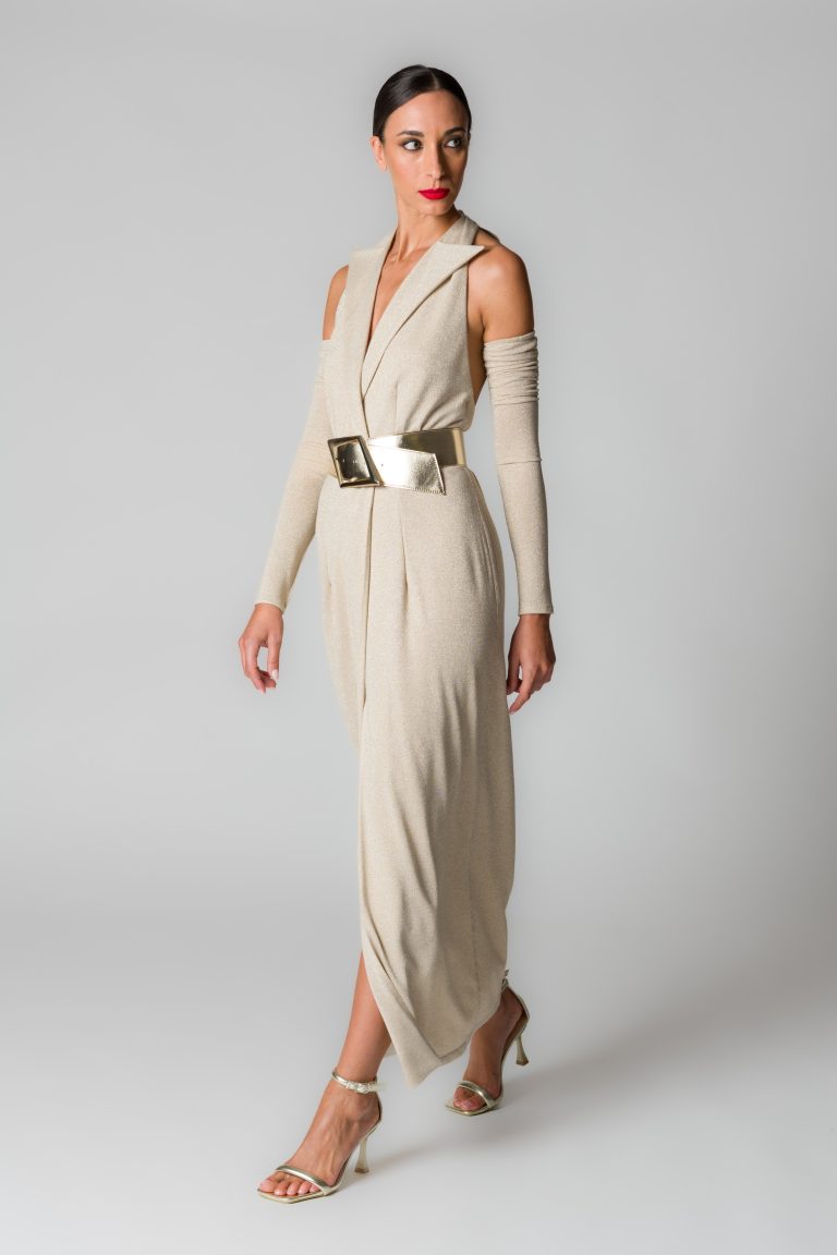 Abito lungo donna con fili glitter beige - immagine 4