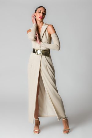 Abito lungo donna con fili glitter beige