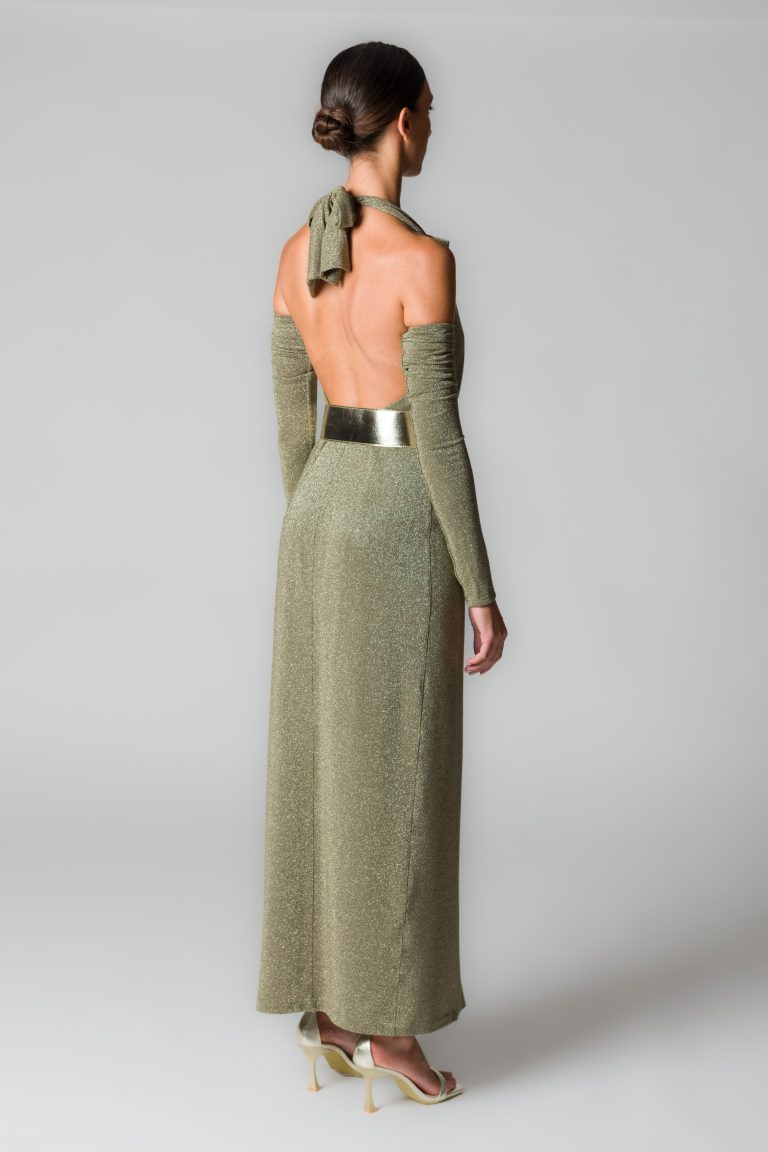Abito lungo donna con fili glitter verde - immagine 3