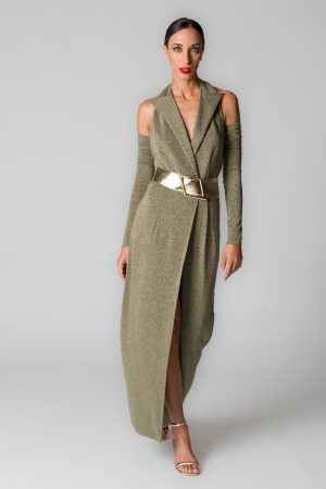 Abito lungo donna con fili glitter verde