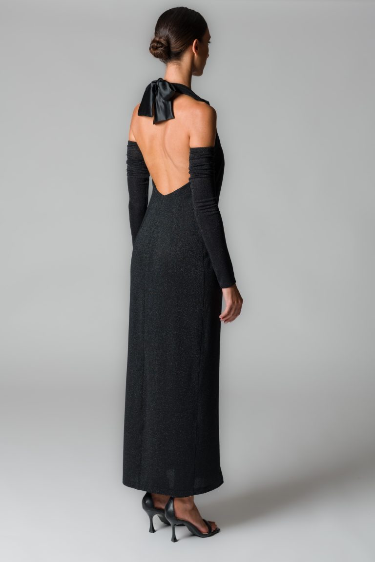 Abito lungo smoking donna con fili glitter nero - immagine 3