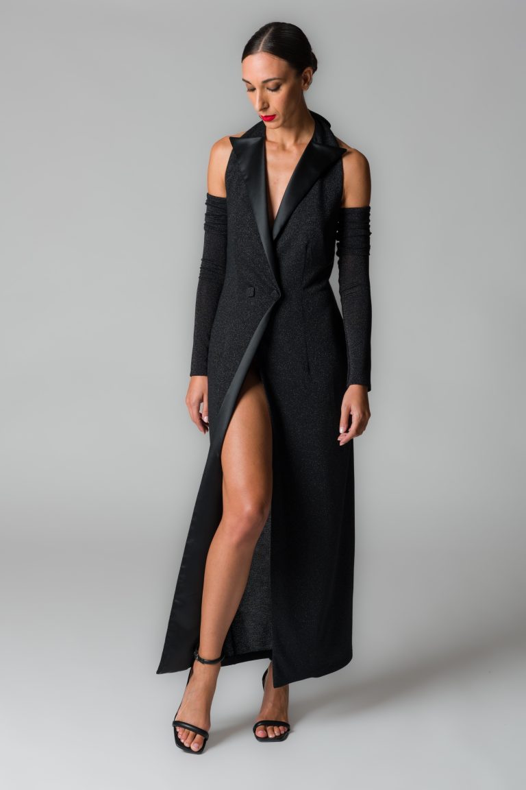Abito lungo smoking donna con fili glitter nero - immagine 4