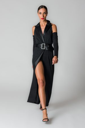 Abito lungo smoking donna con fili glitter nero