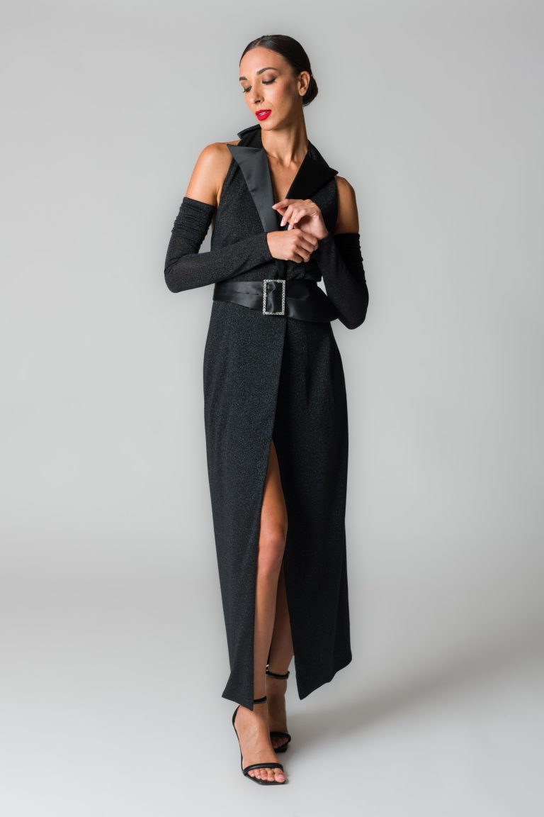 Abito lungo smoking donna con fili glitter nero - immagine 2