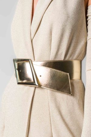 Cintura donna vita alta in ecopelle colore oro platino lamè