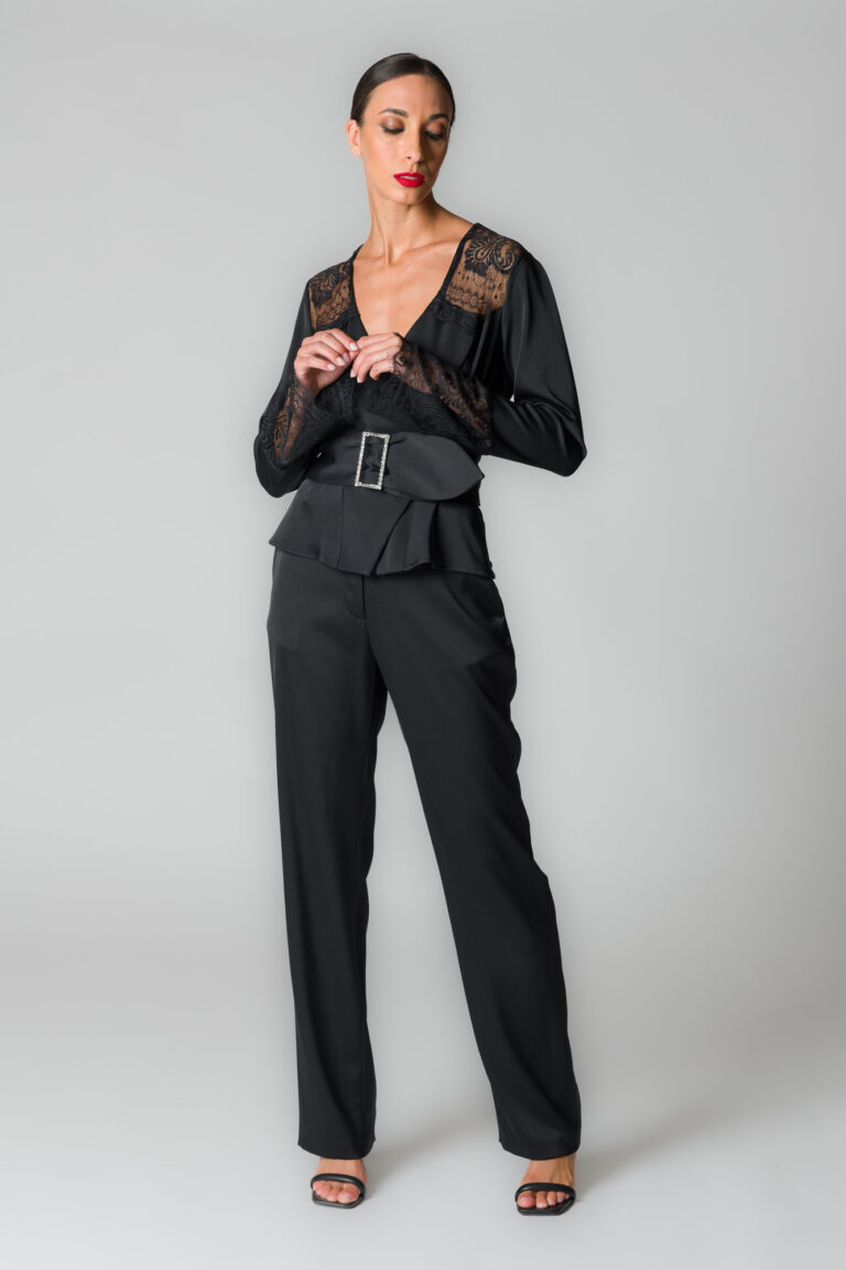 Pantaloni donna in crepe lucido nero