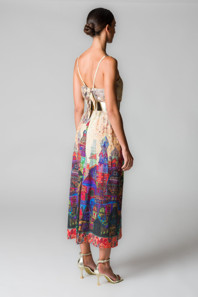 Abito lungo donna in cotone e lino beige con stampa paesaggio - immagine 2